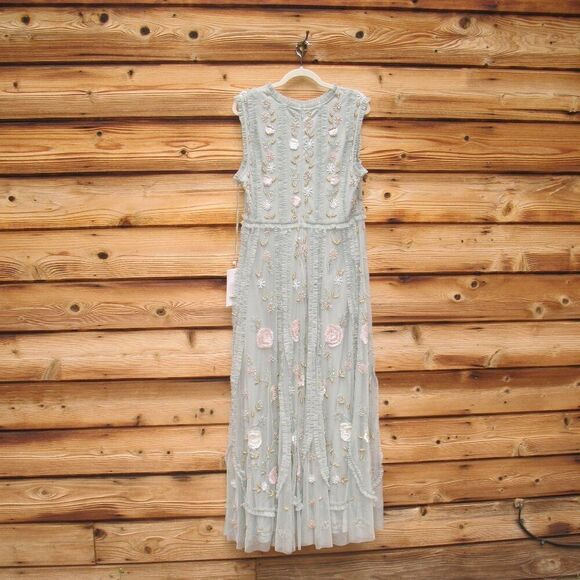 MAC DUGGAL  9360 Green Floral Mesh Sleeveless A Line Micro Ruffle Gown Dress - Picture 10 of 14